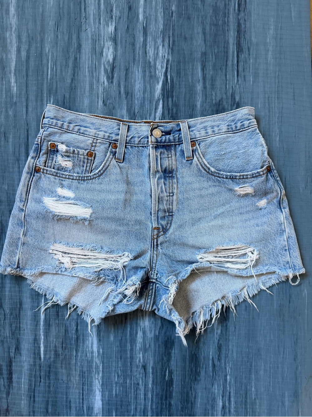 Levi's Light Blue Distressed High-Rise Denim Shorts - Picture 2 of 4